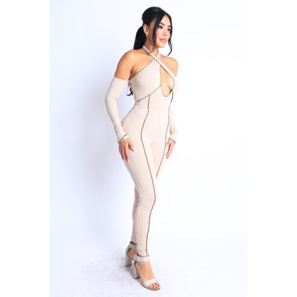 Women's Overlock Detailed Cross Halter Keyhole Neck Off The Shoulder 2 Piece Set - Picture 5 of 12